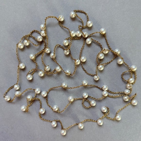 Vintage Jewelry - VINTAGE Necklace Long Gold Crocheted Chain with Faux White Pearls 78"